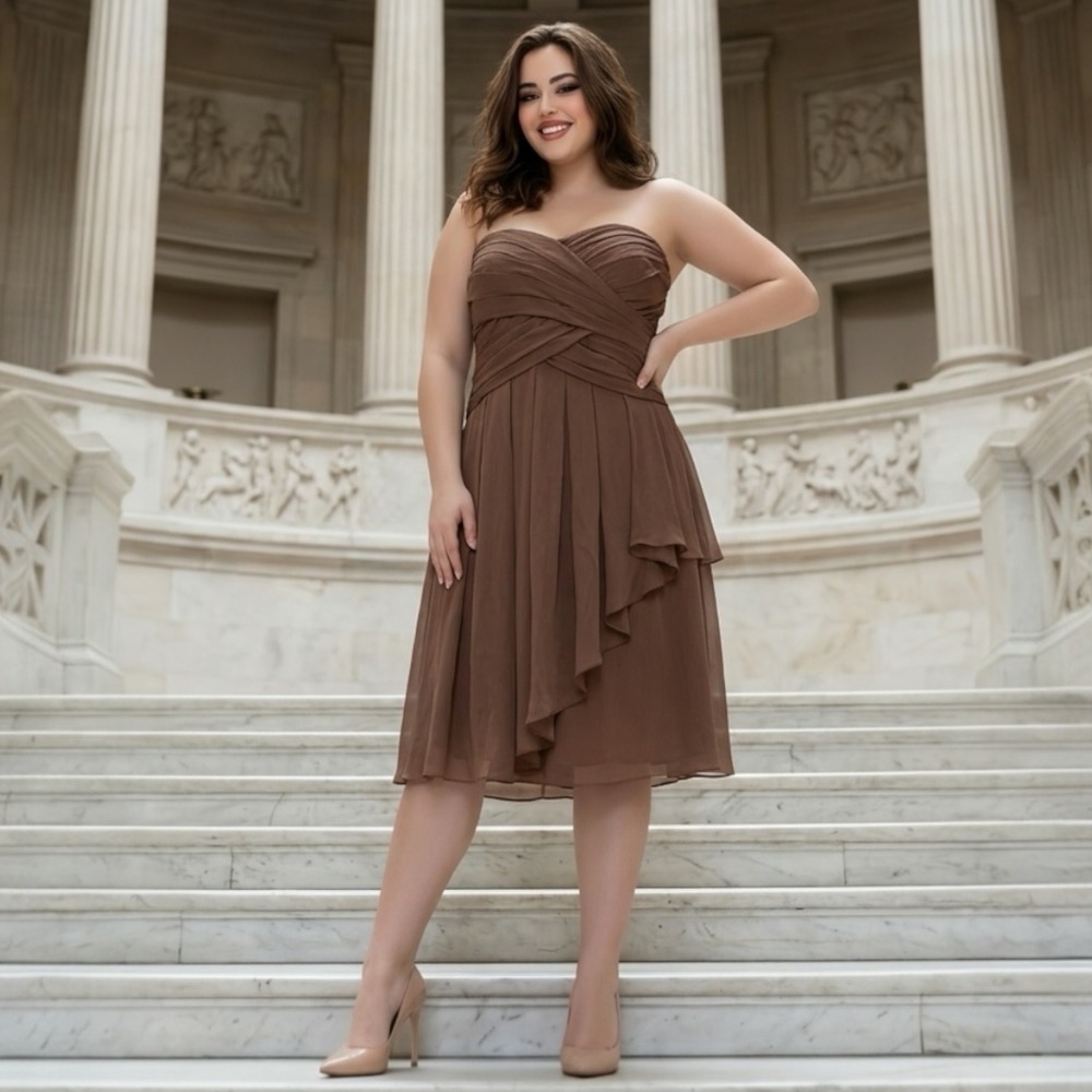 Brown Strapless Ruched‎ Chiffon Cocktail Dress Plus Size 22